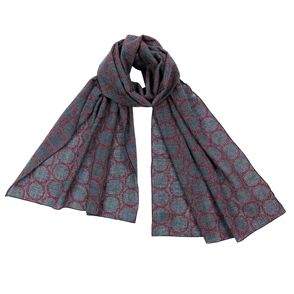 NUNO Shawl: "Kuki" (Black/Gray w/ Burgundy Embroidery)