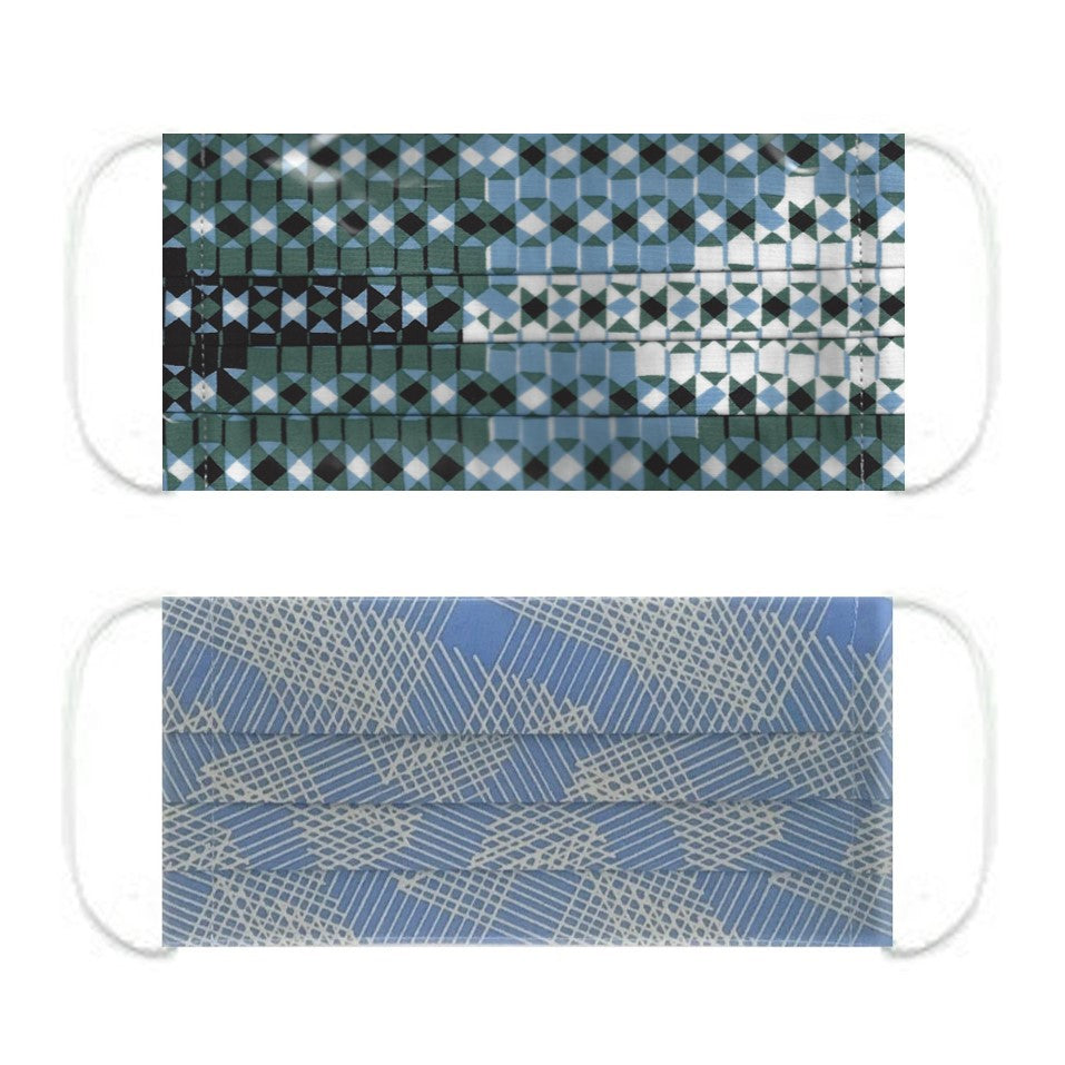 NUNO Pleated Facemask 2-Piece Set: "Sukashi Overlay" (Blue/Green/White) & "Origami Slide" (Blue/Gray)