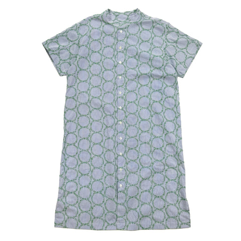 NUNO Short-Sleeve Dress/Tunic: "Striped Stem" (Blue and White w/ Green Embroidery, Large/Extra-Large)