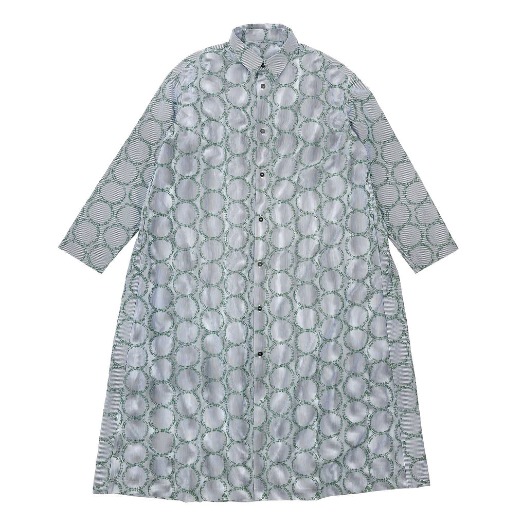 NUNO Long-Sleeve Shirt Dress: "Striped Stem" (Blue and White w/ Green Embroidery, Large/Extra-Large)