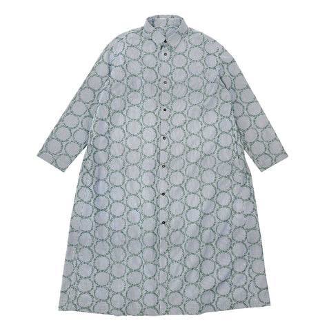 NUNO Long-Sleeve Shirt Dress: "Striped Stem" (Blue and White w/ Green Embroidery, Large/Extra-Large)