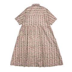 NUNO Gathered Shirt Dress: "Buildings" (Beige w/ Forest Green and Pink Embroidery, Large/Extra-Large)