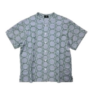 NUNO Collarless Blouse: "Striped Stem" (Blue and White w/ Green Embroidery, One Size)