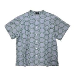 NUNO Collarless Blouse: "Striped Stem" (Blue and White w/ Green Embroidery, One Size)