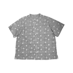NUNO Collarless Blouse: "Itomaki" (White & Gray w/ White Embroidery)