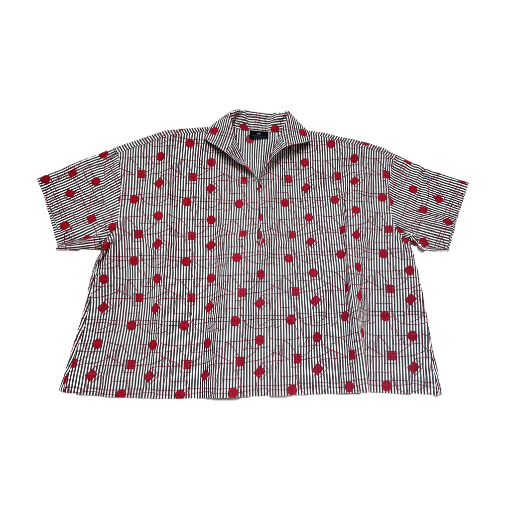 NUNO Pullover Top: "Itomaki" (White & Gray w/ Red Embroidery)