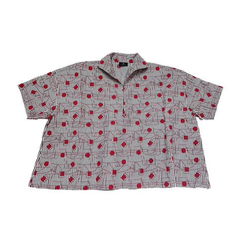 NUNO Pullover Top: "Itomaki" (White & Gray w/ Red Embroidery)