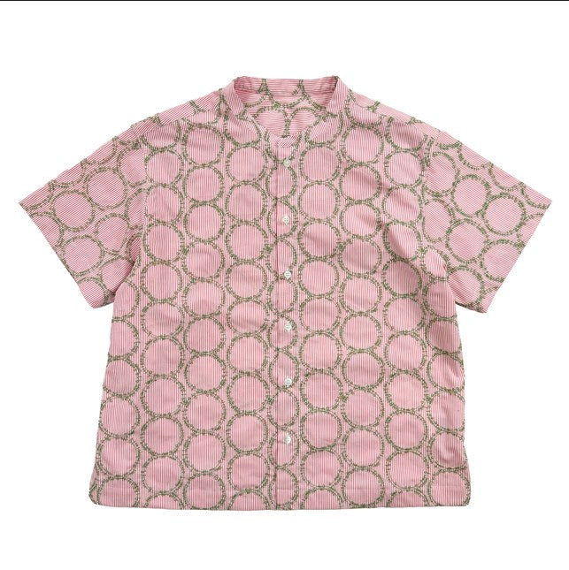 NUNO Collarless Blouse: "Striped Stem" (Red and White w/ Green Embroidery, One Size)