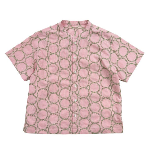 NUNO Collarless Blouse: "Striped Stem" (Red and White w/ Green Embroidery, One Size)