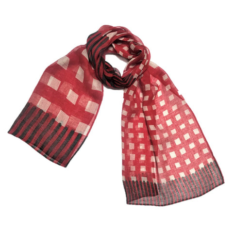 NUNO Scarf: "Box Stripe" (Crimson/Eggshell/Green)