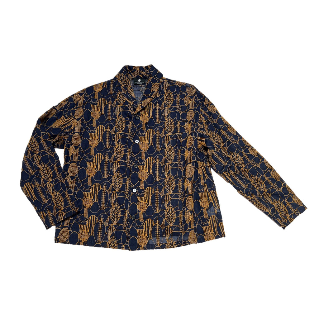 NUNO Shawl Collar Blouse: "Forest for the Trees" (Navy w/ Camel Embroidery)