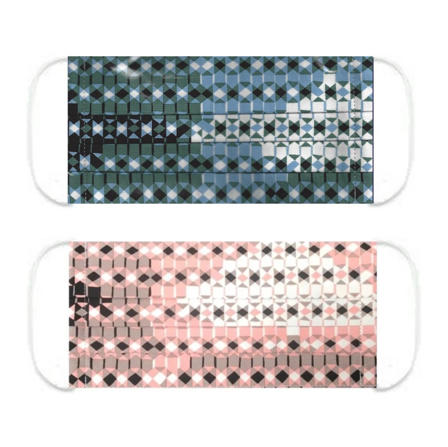 NUNO Pleated Facemask 2-Piece Set: "Sukashi Overlay" (Blue/Green/White) & "Sukashi Overlay" (Pink/Black/White)